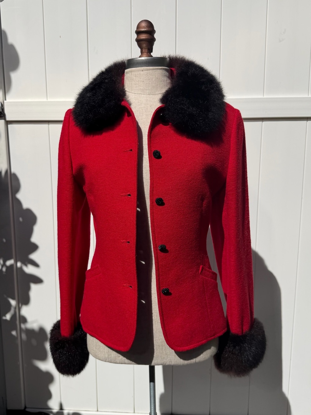 Vintage 60s Devon Hall Women's Red Wool Jacket with Black Faux Fur Trim